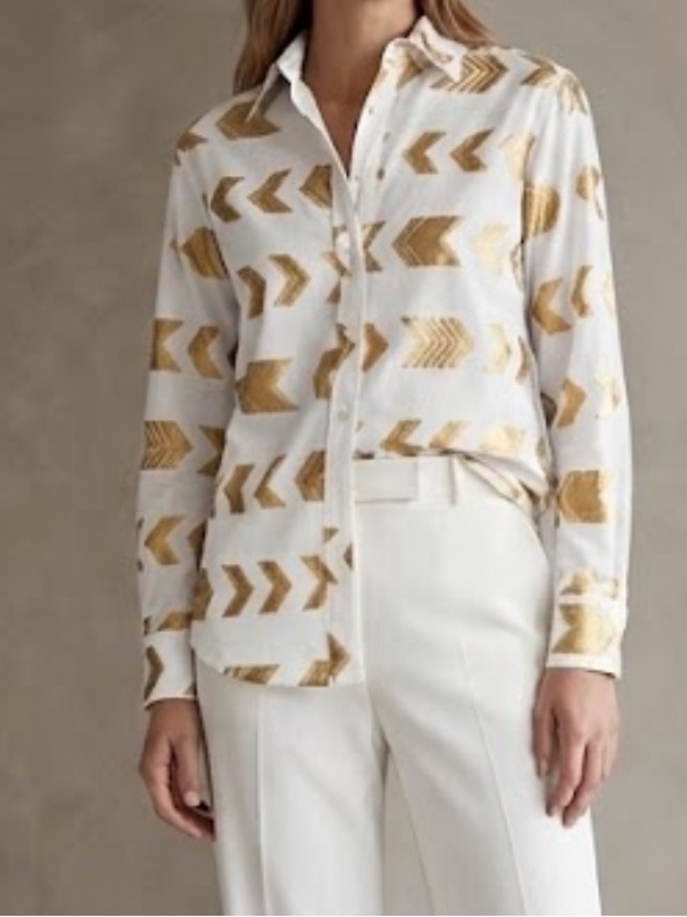 Emily Phillips Girlfriend Shirt Crew Embroidered Gold Aztec Print Size 2